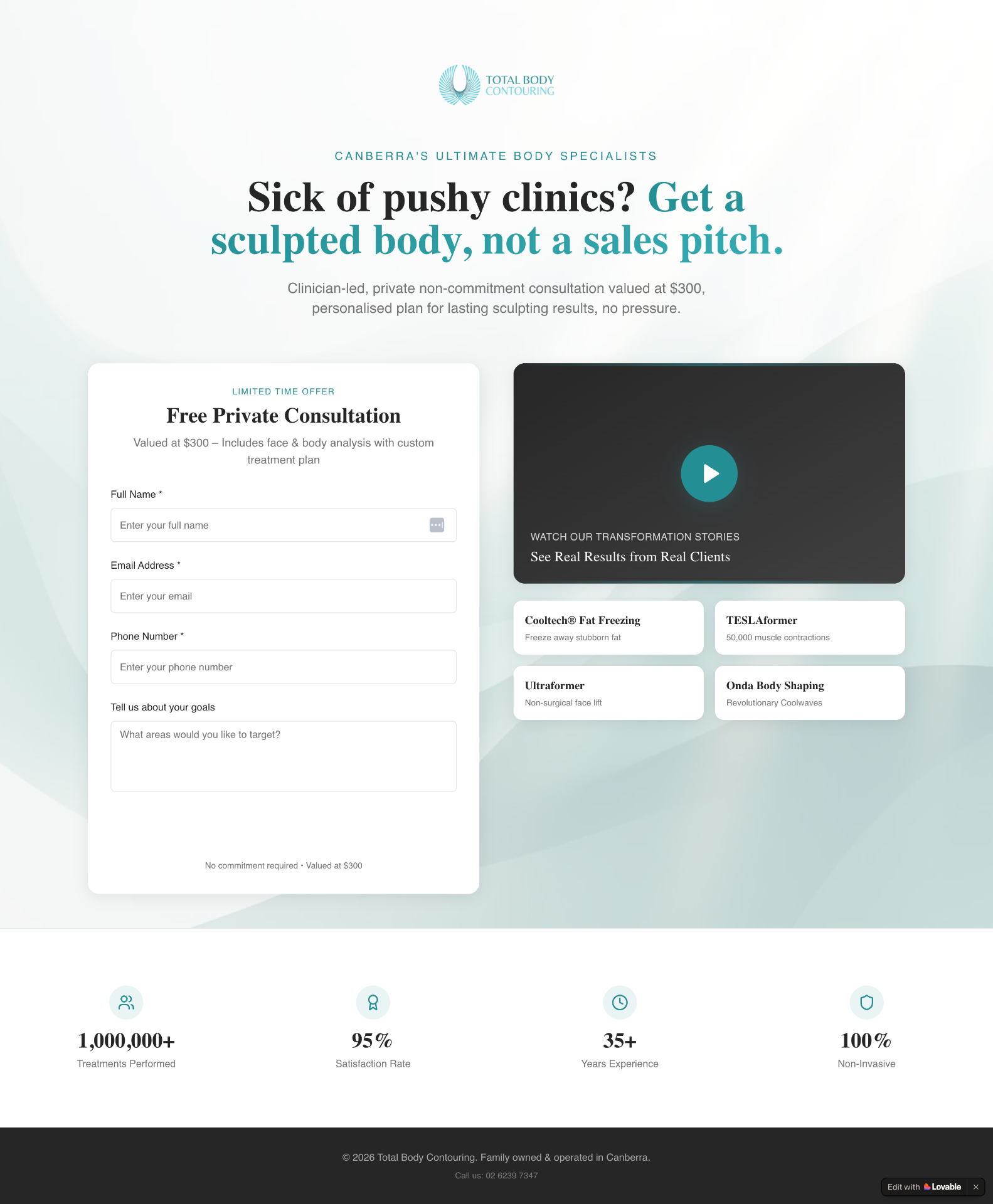 Total Body Contouring landing page example